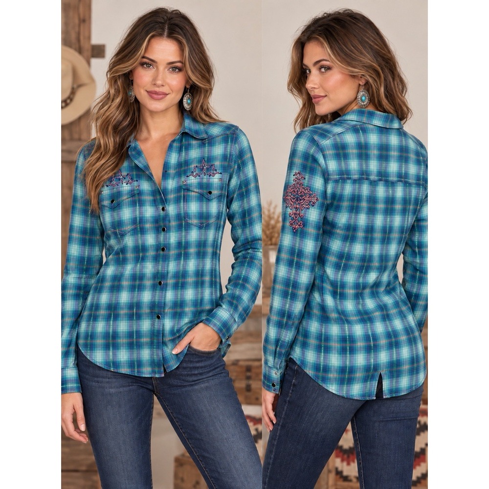 Rock 47 Wrangler Plaid Pearl Snap Western Metallic Women's Medium Rodeo